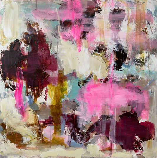 Abstrakt maleri, 100x100 cm, “LIFE” by Lone Reedtz , Abstrakt ekspressivt akrylmaleri på lærred Blue Brown Green Grey Kunstsamlingen-katalog-2025 Orange Pink White Yellow