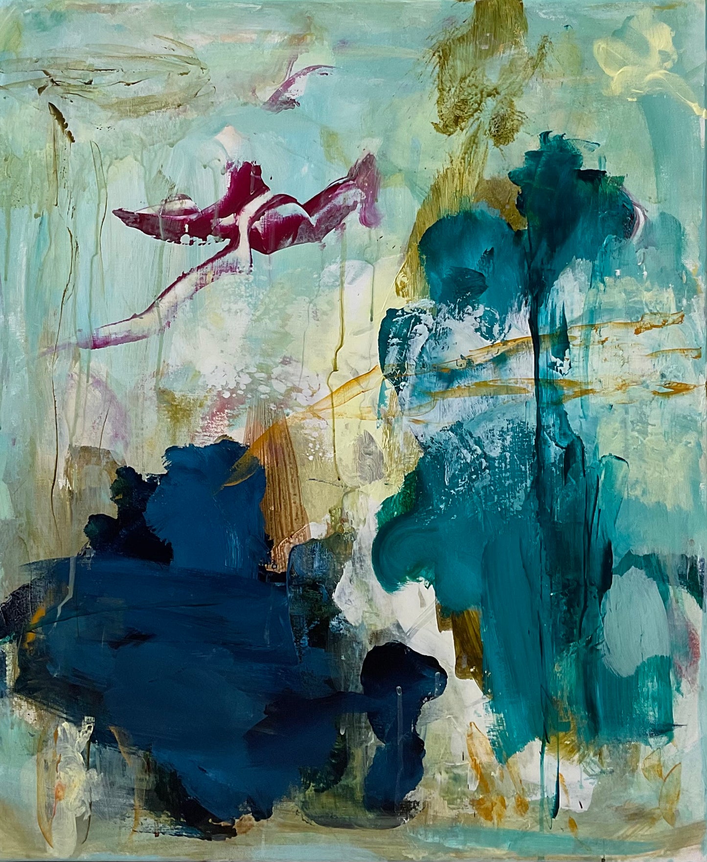 Abstrakt maleri, 60x50 cm, “VINGESLAG” by Lone Reedtz , Abstrakt ekspressivt akrylmaleri på lærred Black Brown Grey Ochre Pink White Yellow