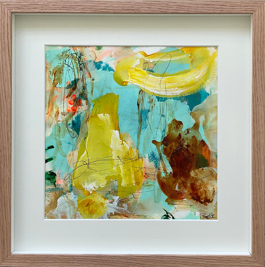 Paperwork, 40x40 cm, i boksramme af massivt egetræ by Lone Reedtz , Abstrakt ekspressivt akrylmaleri på papir i passepartout
