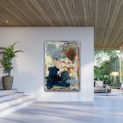 Abstrakt maleri, 100x140 cm, "A beautiful place" by Lone Reedtz , Abstrakt ekspressivt akrylmaleri på lærred Black Blue Brown Grey Ochre Orange Pink White