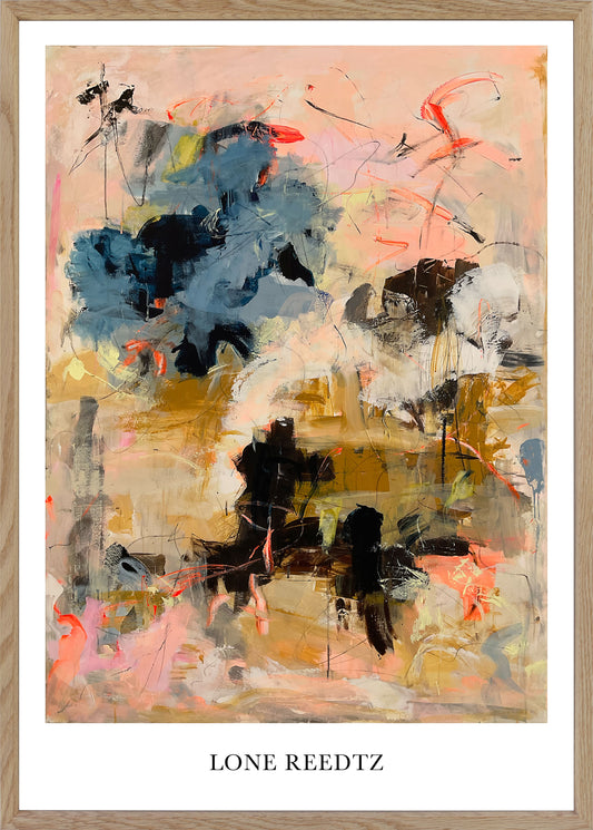 Abstrakt kunstplakat, 62x44 cm, "Lights" - Limited Edition by Lone Reedtz , Abstrakt ekspressiv kunstplakat Massiv egetræsramme