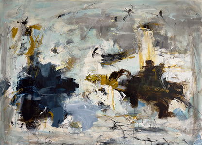 Abstrakt maleri, 140x100 cm, "Fly bird" by Lone Reedtz , Abstrakt ekspressivt akrylmaleri på lærred Uden ramme Black Blue Brown Grey Ochre Orange Pink White
