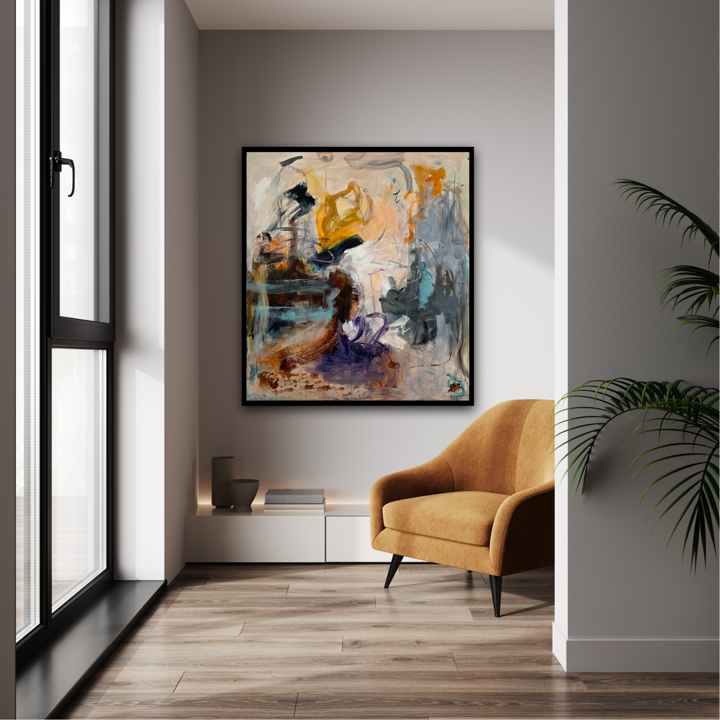 Abstrakt maleri, 100x90 cm, "Universe" by Lone Reedtz , Abstrakt ekspressivt akrylmaleri på lærred Med sort svæveramme