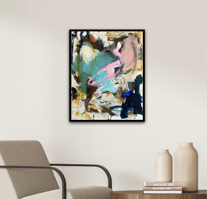 Abstrakt maleri, 40x50 cm, "Joy” by Lone Reedtz , Abstrakt ekspressivt akrylmaleri på lærred Black Blue Brown Green Grey Ochre Pink Purple White
