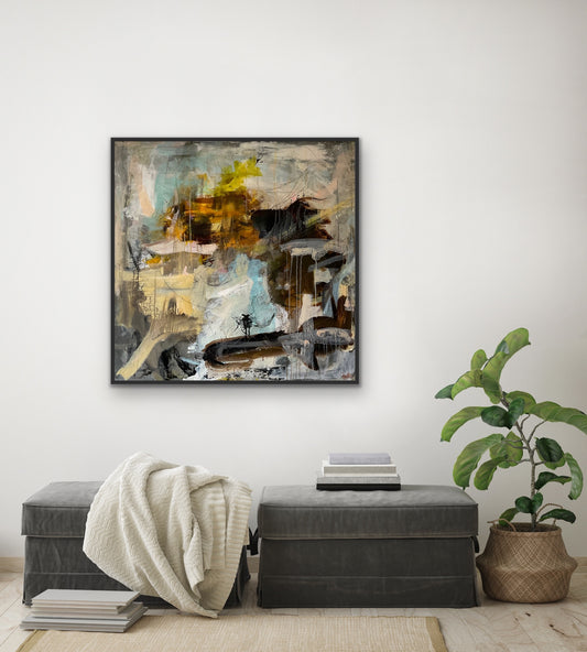 Abstrakt maleri, 100x100 cm, "World Ahead" by Lone Reedtz , Abstrakt ekspressivt akrylmaleri på lærred Med sort svæveramme