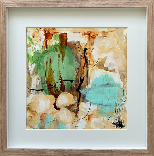 Paperwork, 40x40 cm, i boksramme af massivt egetræ by Lone Reedtz , Abstrakt ekspressivt akrylmaleri på papir i passepartout