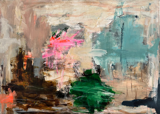 Abstrakt maleri, 140x100 cm, "Guardian angels" by Lone Reedtz , Abstrakt ekspressivt akrylmaleri på lærred Uden ramme Black Blue Brown Grey Ochre Orange Pink White