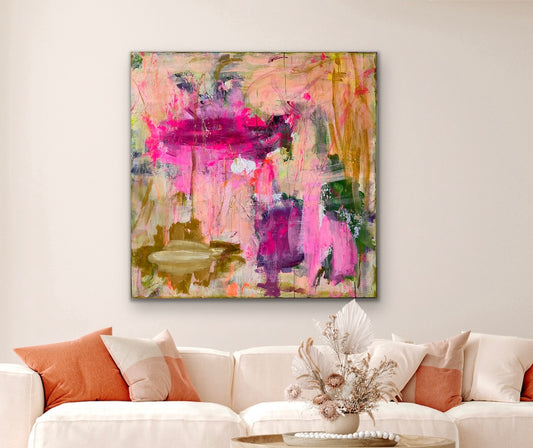 Abstrakt maleri, 120x120 cm, "LITTLE FAIRY” by Lone Reedtz , Abstrakt ekspressivt akrylmaleri på lærred Uden ramme