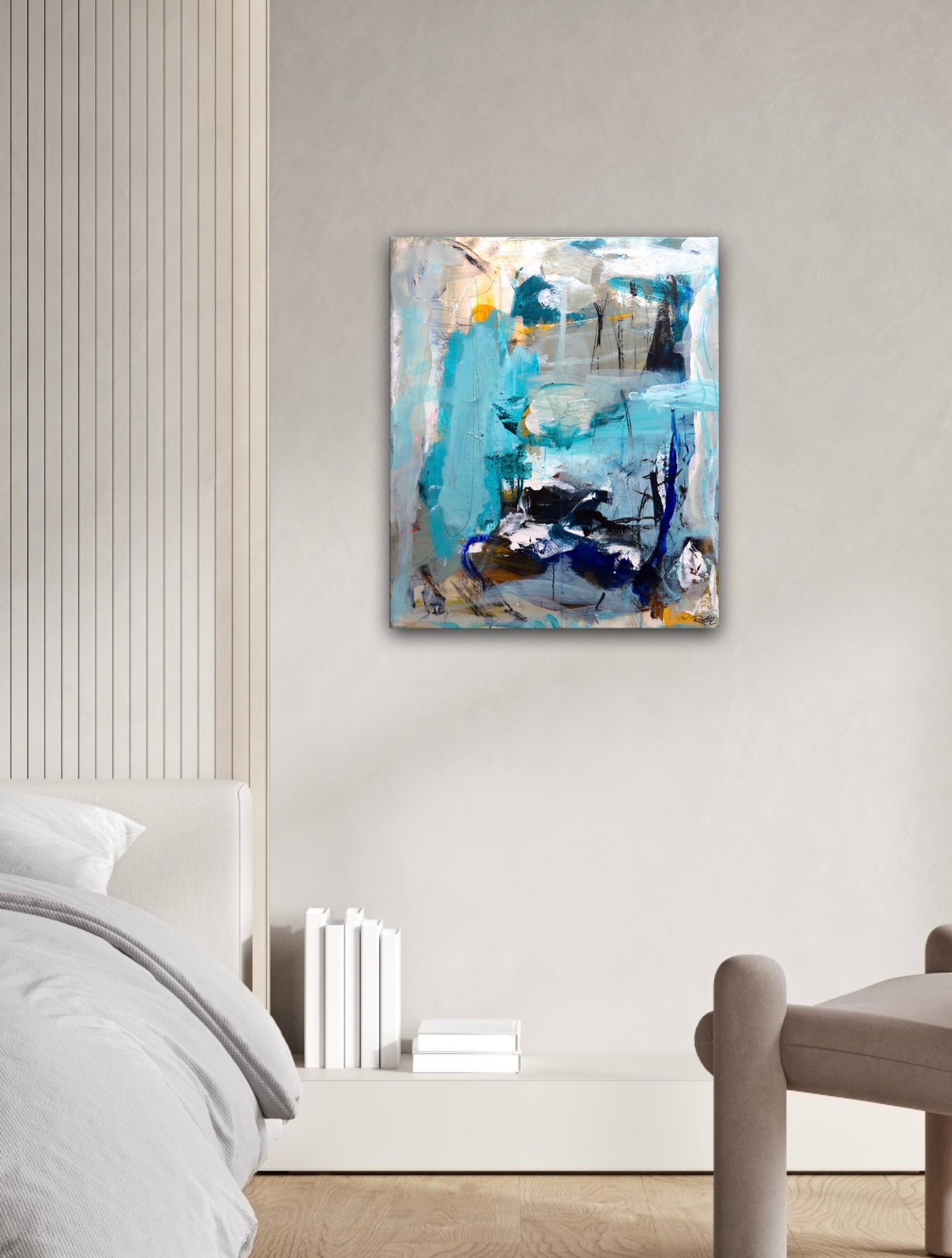 Abstrakt maleri, 50x60cm, "In your eyes” by Lone Reedtz , Abstrakt ekspressivt akrylmaleri på lærred Uden ramme Black Blue Brown Grey Ochre Orange White