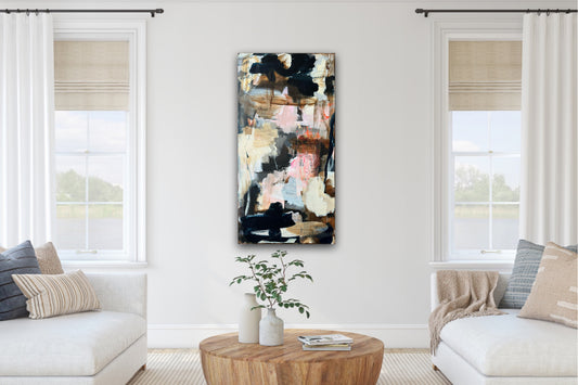 Abstrakt maleri, 100x50 cm, "Soft light" by Lone Reedtz , Abstrakt ekspressivt akrylmaleri på lærred Black Blue Brown Golden Ochre Pink White