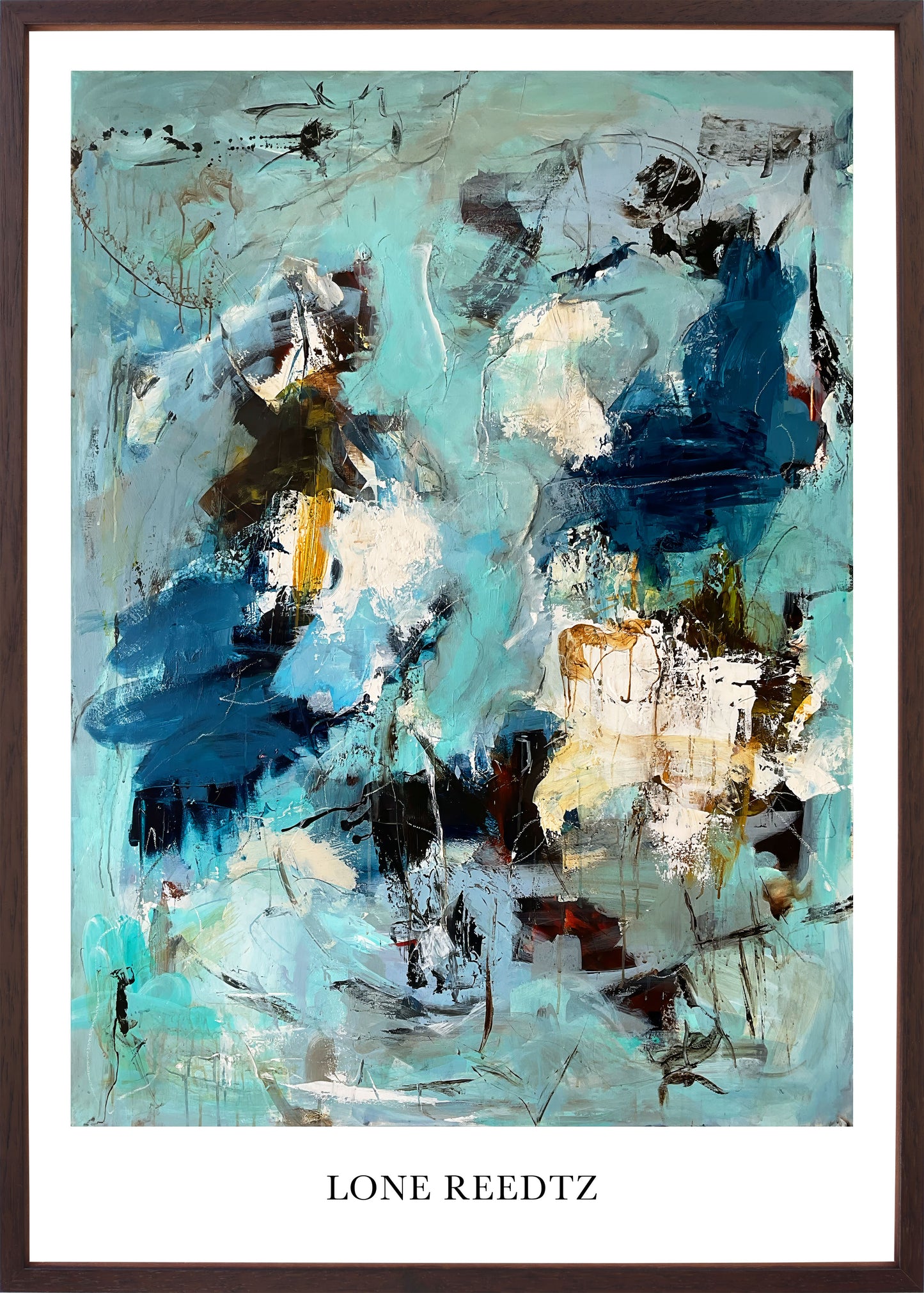 Abstrakt kunstplakat, 62x44 cm, "Different worlds" - Limited Edition by Lone Reedtz , Abstrakt ekspressiv kunstplakat Mørk egetræsramme