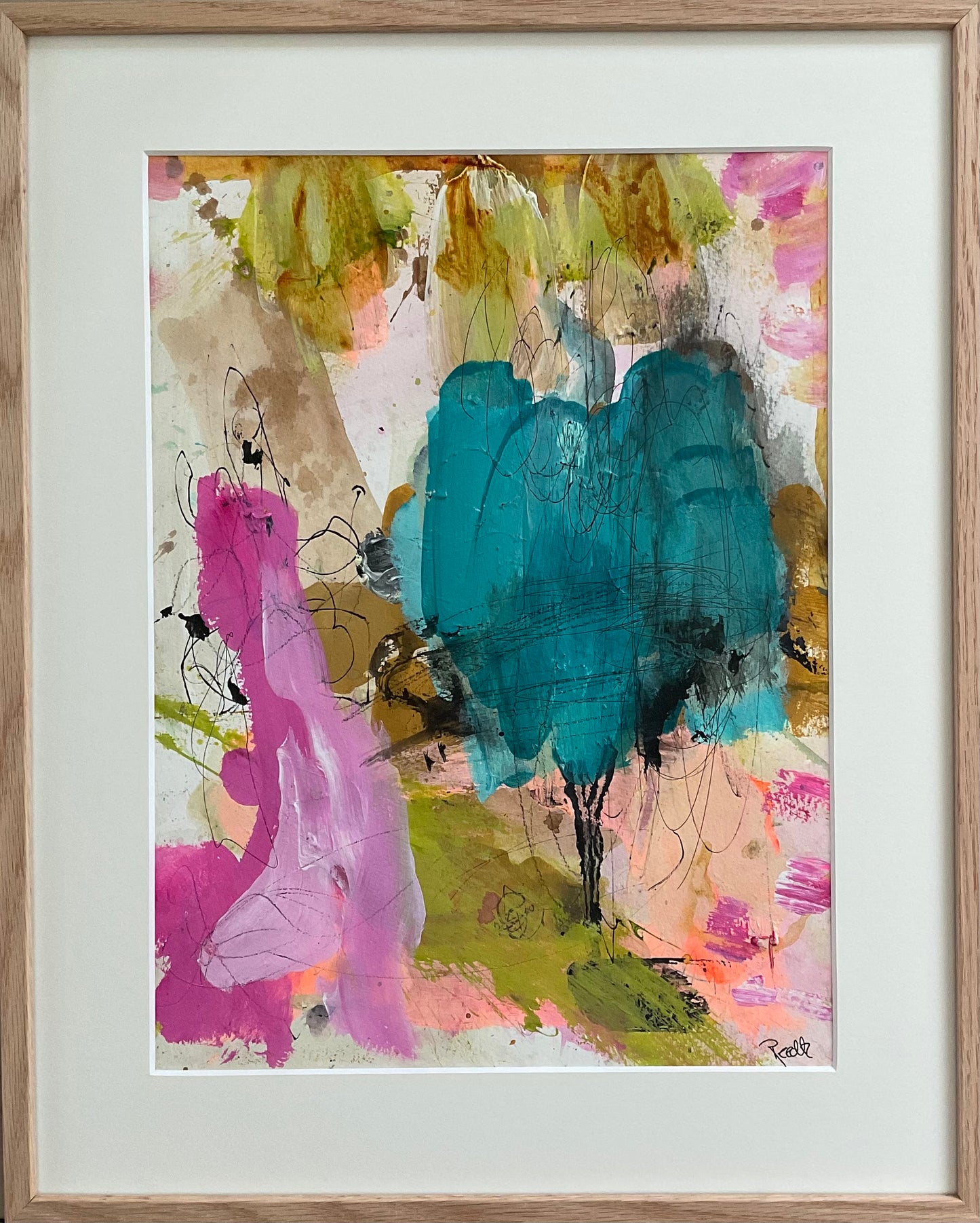 Paperwork, 50x40 cm, med massiv egetræsramme by Lone Reedtz , Abstrakt ekspressivt akrylmaleri på papir i passepartout Childish