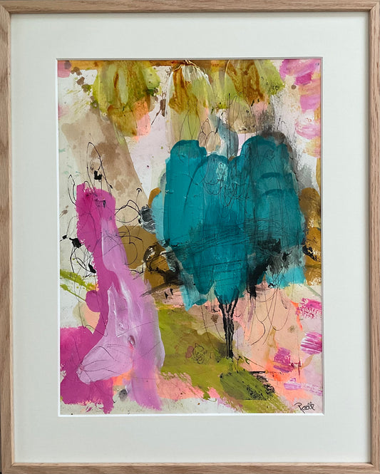 Paperwork, 50x40 cm, med massiv egetræsramme by Lone Reedtz , Abstrakt ekspressivt akrylmaleri på papir i passepartout Childish