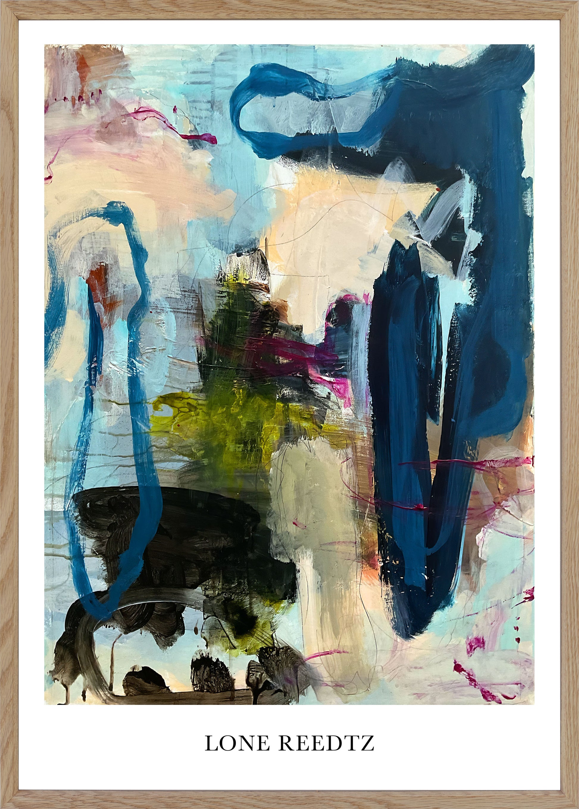 Abstrakt kunstplakat, 62x44 cm, "Touch the sky" - Limited Edition by Lone Reedtz , Abstrakt ekspressiv kunstplakat Massiv egetræsramme