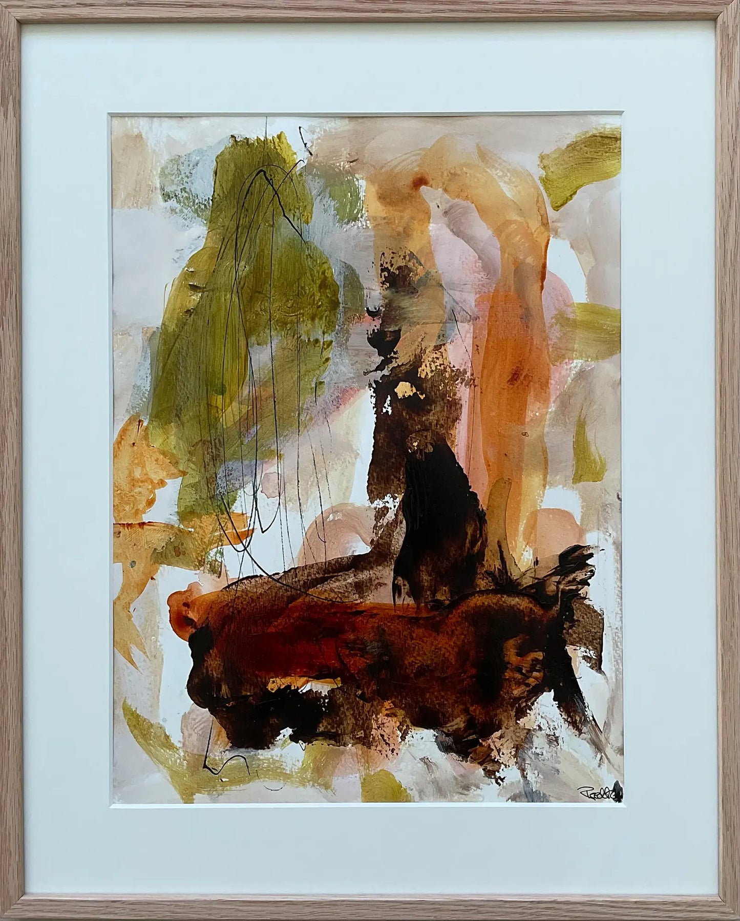 Paperwork, 50x40 cm, med massiv egetræsramme by Lone Reedtz , Abstrakt ekspressivt akrylmaleri på papir i passepartout Childish