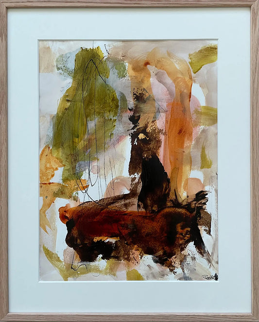 Paperwork, 50x40 cm, med massiv egetræsramme by Lone Reedtz , Abstrakt ekspressivt akrylmaleri på papir i passepartout Childish