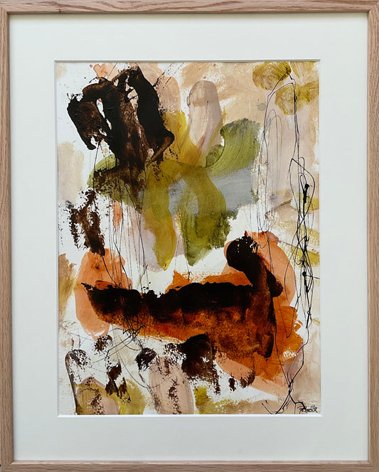 Paperwork, 50x40 cm, med massiv egetræsramme by Lone Reedtz , Abstrakt ekspressivt akrylmaleri på papir i passepartout Childish