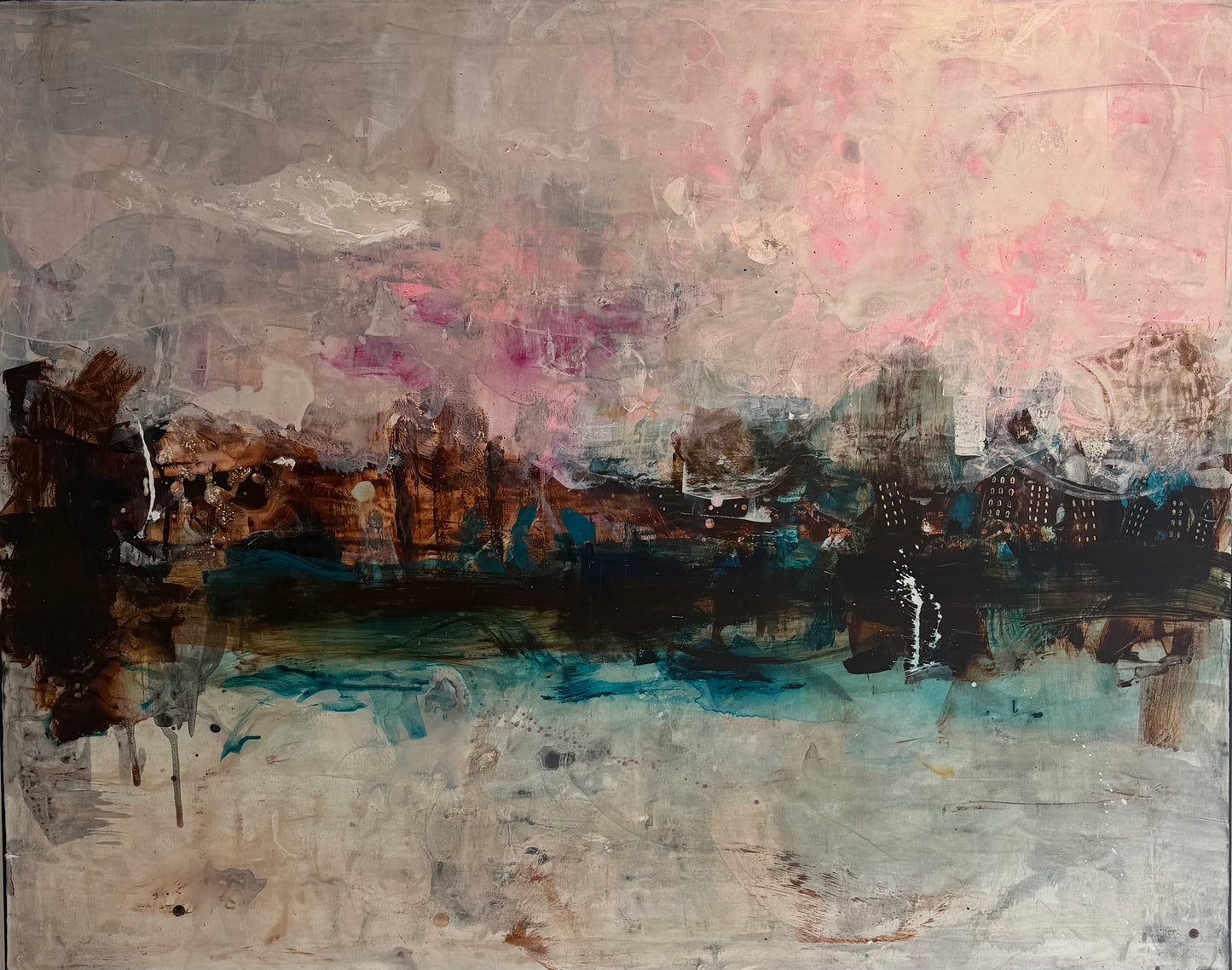 Abstrakt maleri, 120x150 cm, "PEOPLE COME AND PEOPLE GO”