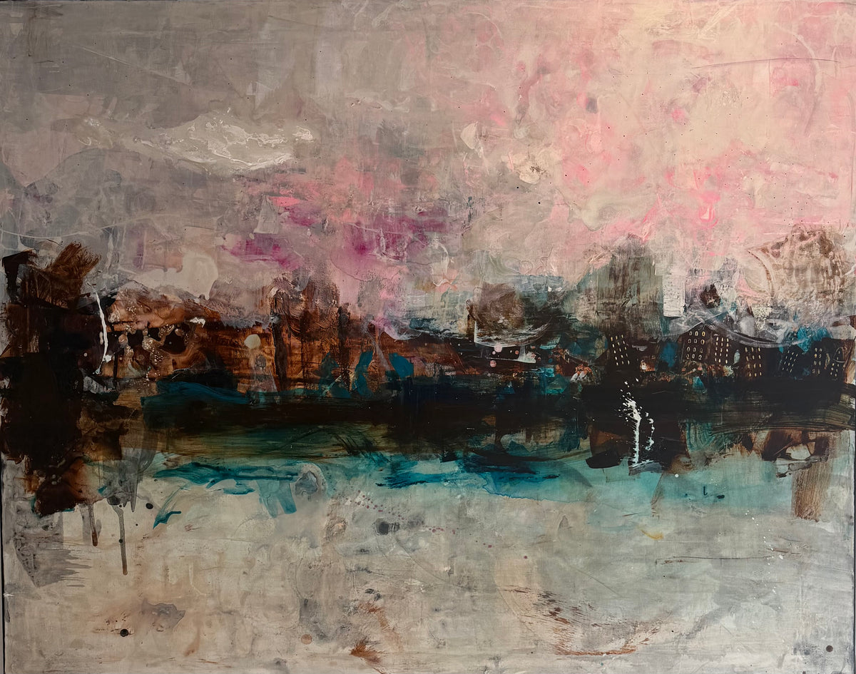 Abstrakt maleri, 120x150 cm, "PEOPLE COME AND PEOPLE GO” by Lone Reedtz , Abstrakt ekspressivt akrylmaleri på lærred Black Blue Brown Grey Ochre Pink