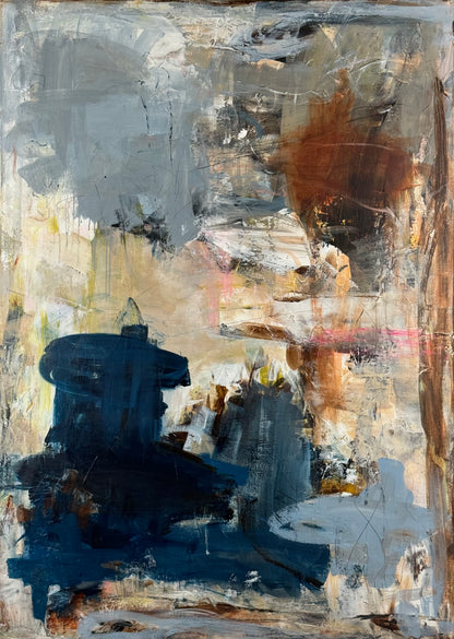 Abstrakt maleri, 100x140 cm, "A beautiful place" by Lone Reedtz , Abstrakt ekspressivt akrylmaleri på lærred Uden ramme Black Blue Brown Grey Ochre Orange Pink White