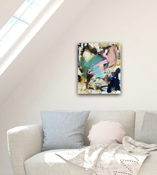 Abstrakt maleri, 40x50 cm, "Joy” by Lone Reedtz , Abstrakt ekspressivt akrylmaleri på lærred Black Blue Brown Green Grey Ochre Pink Purple White