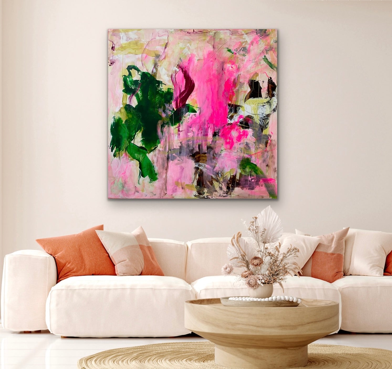 Abstrakt maleri, 120x120 cm, "FEELING ALIVE” by Lone Reedtz , Abstrakt ekspressivt akrylmaleri på lærred Uden ramme