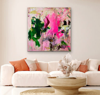Abstrakt maleri, 120x120 cm, "FEELING ALIVE” by Lone Reedtz , Abstrakt ekspressivt akrylmaleri på lærred Uden ramme