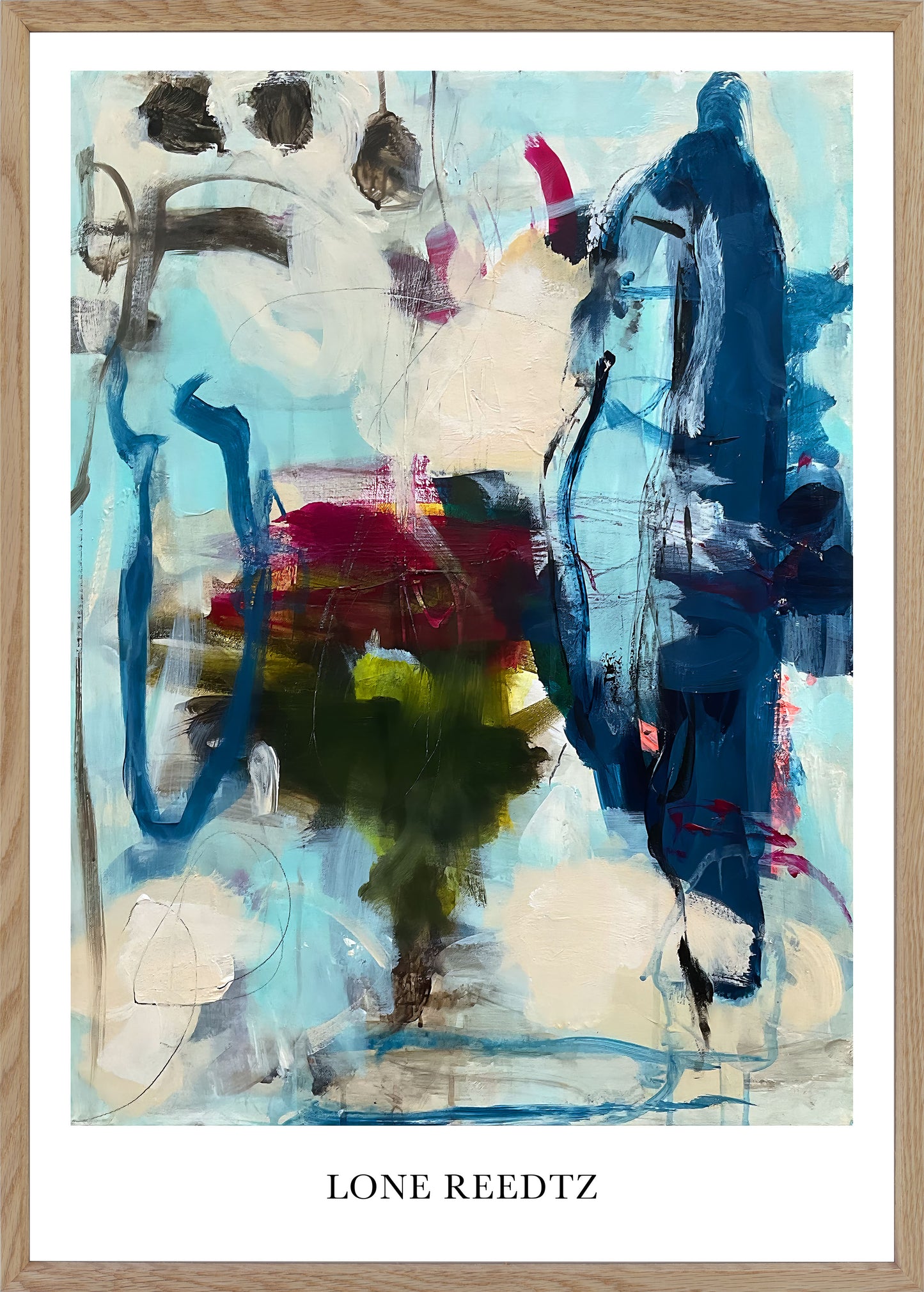 Abstrakt kunstplakat, 62x44 cm, "Lily" - Limited Edition by Lone Reedtz , Abstrakt ekspressiv kunstplakat Massiv egetræsramme