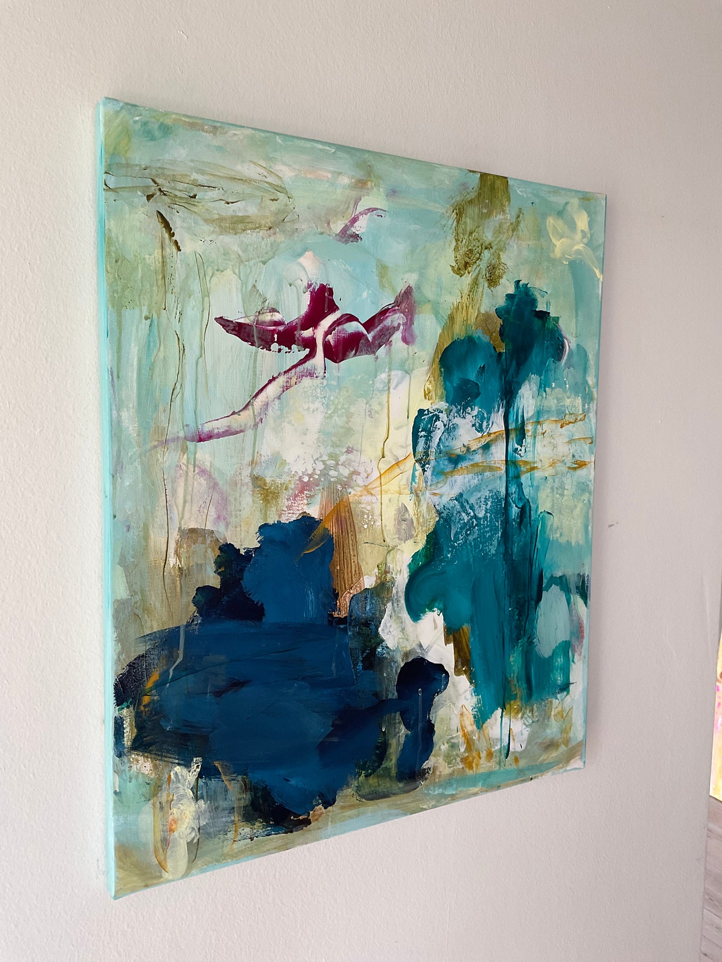 Abstrakt maleri, 60x50 cm, “VINGESLAG” by Lone Reedtz , Abstrakt ekspressivt akrylmaleri på lærred Black Brown Grey Ochre Pink White Yellow