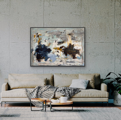 Abstrakt maleri, 140x100 cm, "Fly bird" by Lone Reedtz , Abstrakt ekspressivt akrylmaleri på lærred Med sort svæveramme Black Blue Brown Grey Ochre Orange Pink White