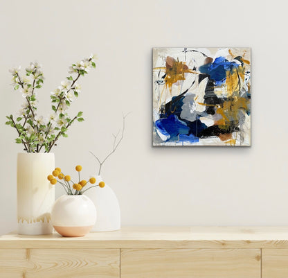 Abstrakt maleri, 40x40 cm, "Ocean blue" by Lone Reedtz , Abstrakt ekspressivt akrylmaleri på lærred Black Blue Brown Childish Golden Grey Ochre Square White