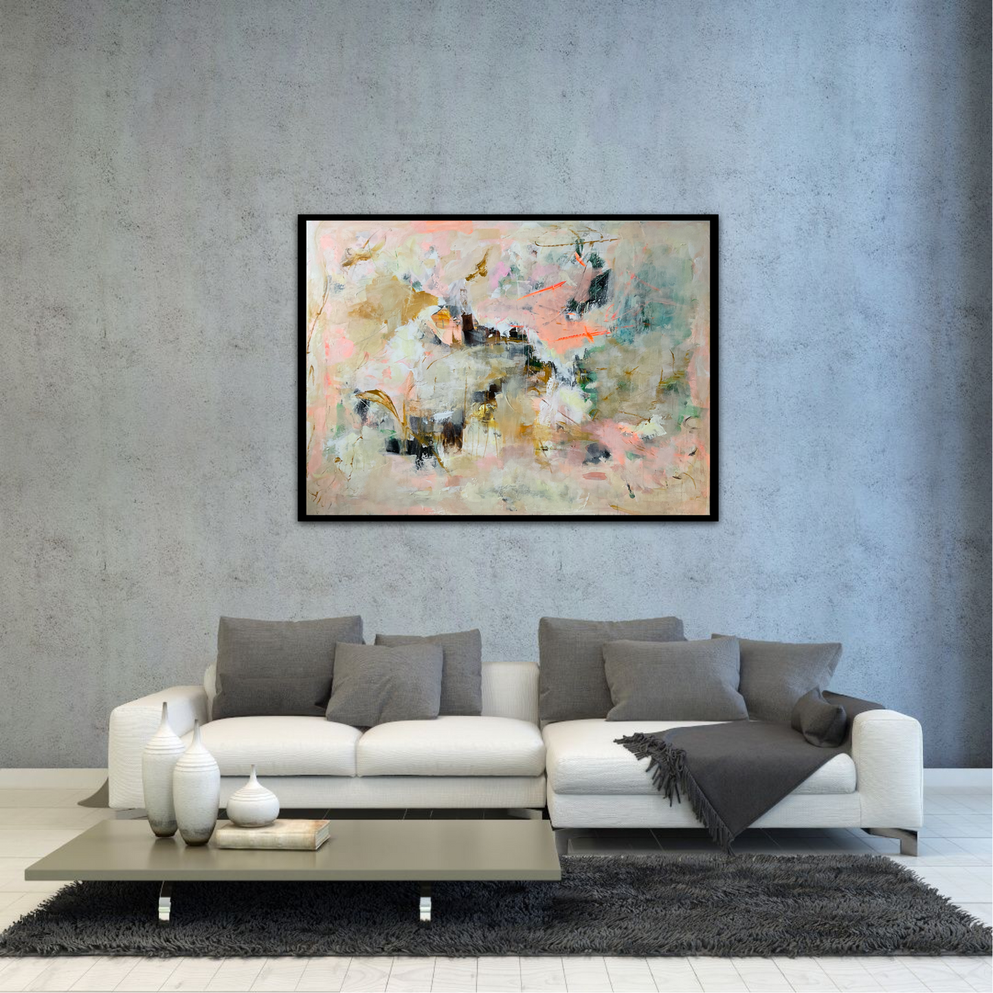 Abstrakt maleri, 140x100 cm, "Happiness" by Lone Reedtz , Abstrakt ekspressivt akrylmaleri på lærred Med sort svæveramme