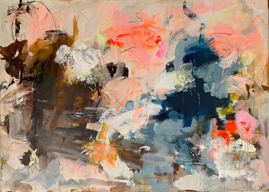 Abstrakt maleri, 100x140 cm, "Present moment" by Lone Reedtz , Abstrakt ekspressivt akrylmaleri på lærred Uden ramme
