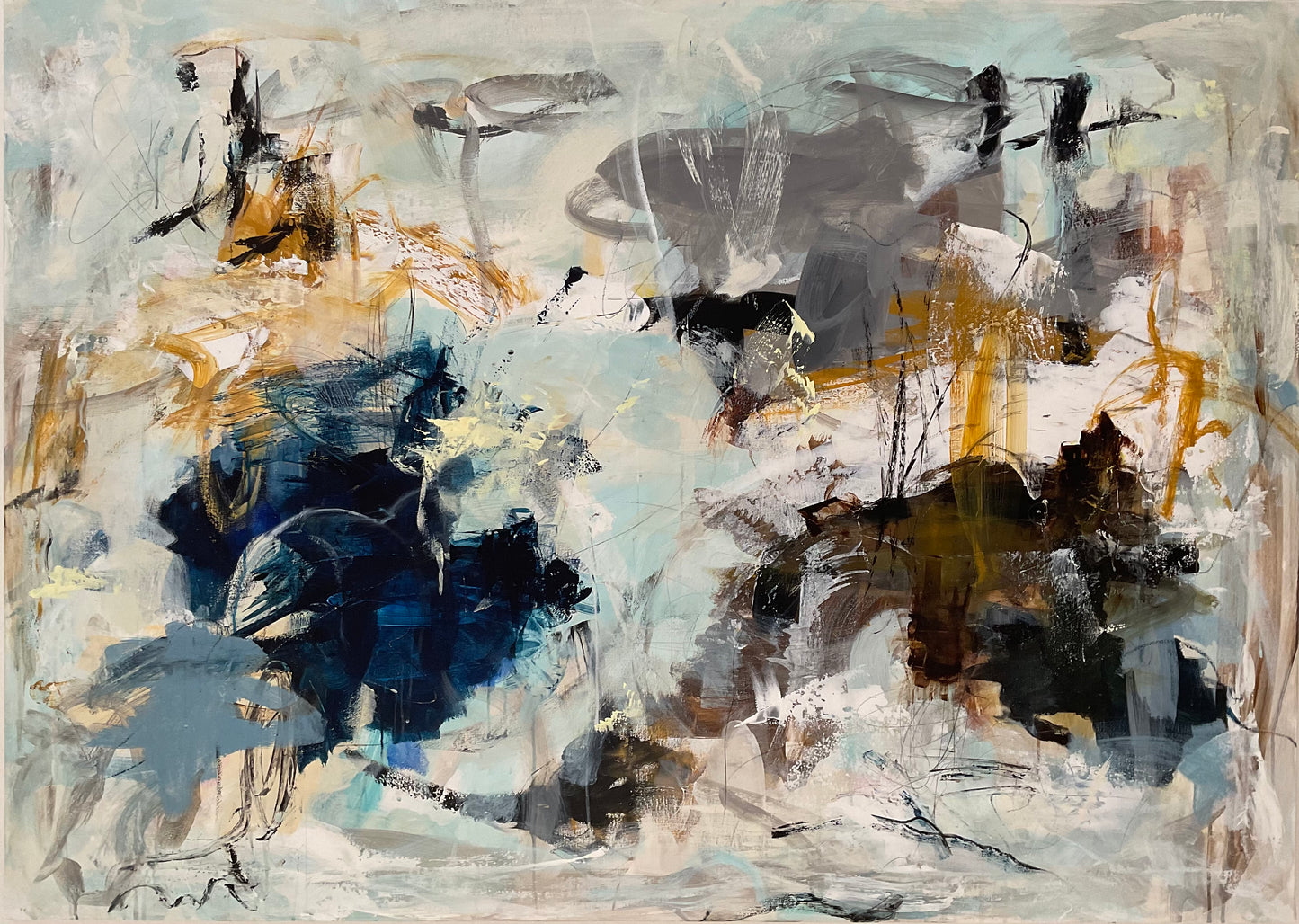 Abstrakt maleri, 140x100 cm, "Something about blue" by Lone Reedtz , Abstrakt ekspressivt akrylmaleri på lærred Uden ramme