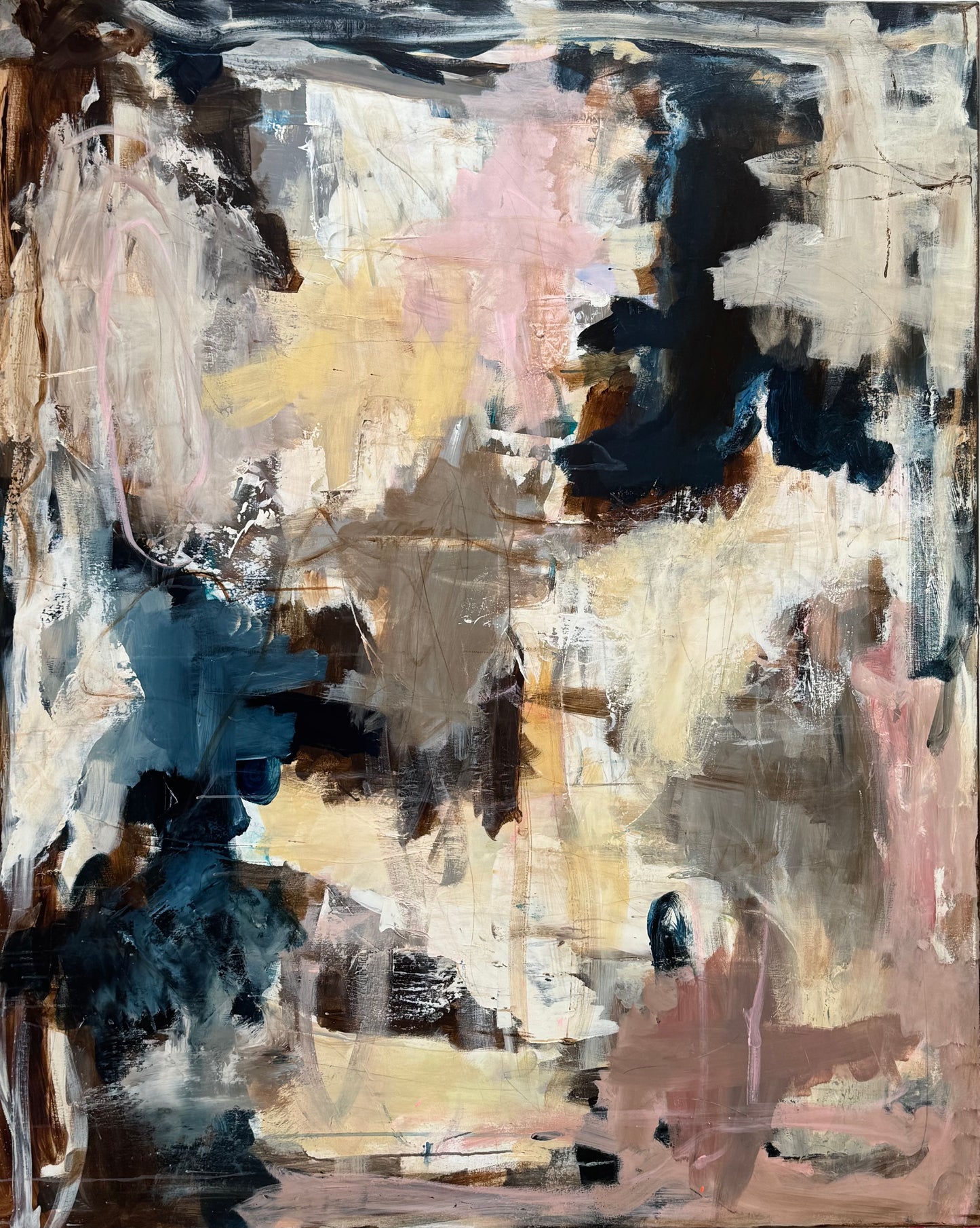 Abstrakt maleri, 120x150 cm, "REAL LOVE” by Lone Reedtz , Abstrakt ekspressivt akrylmaleri på lærred Black Blue Brown Grey Ochre Pink