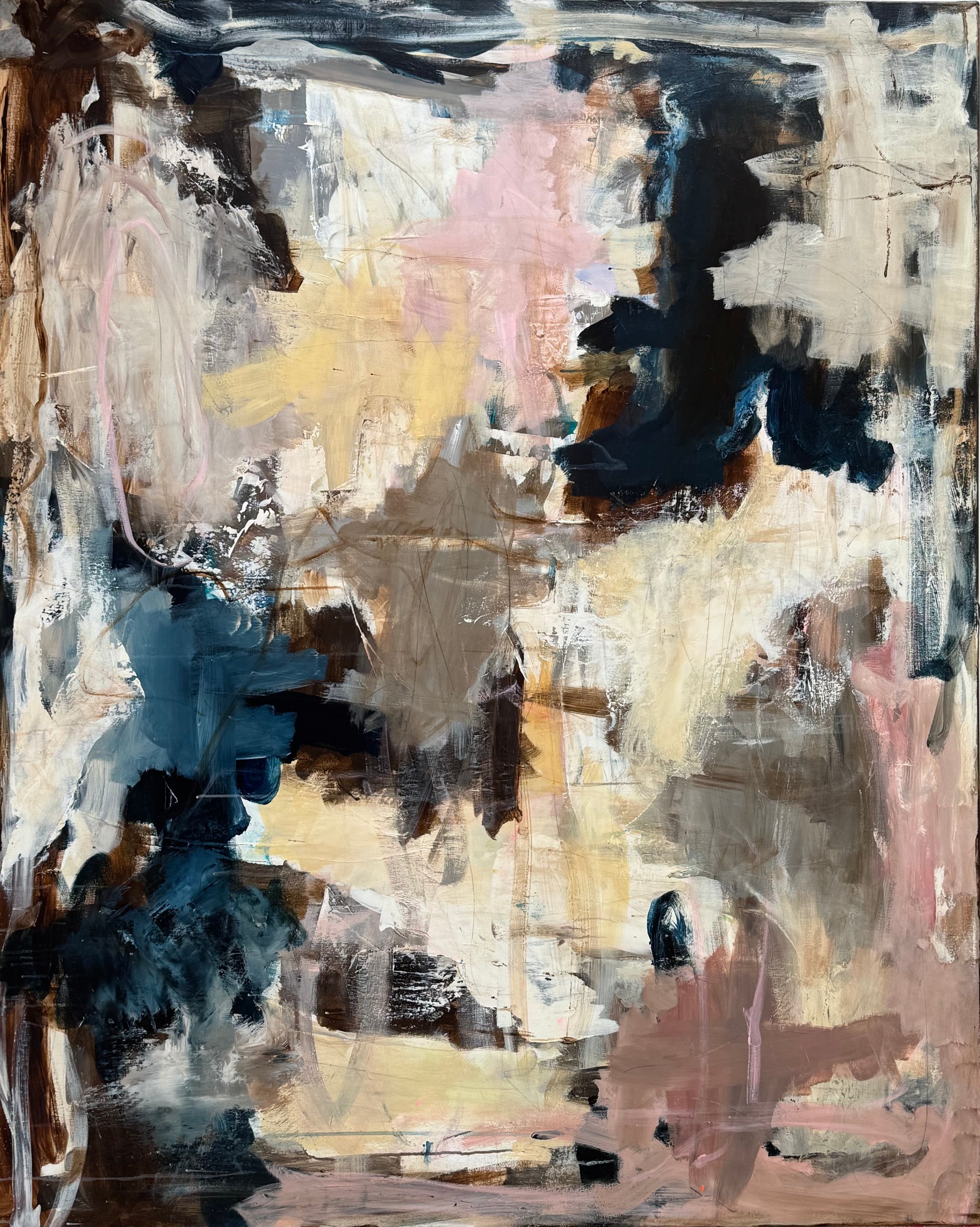 Abstrakt maleri, 120x150 cm, "REAL LOVE” by Lone Reedtz , Abstrakt ekspressivt akrylmaleri på lærred Black Blue Brown Grey Ochre Pink