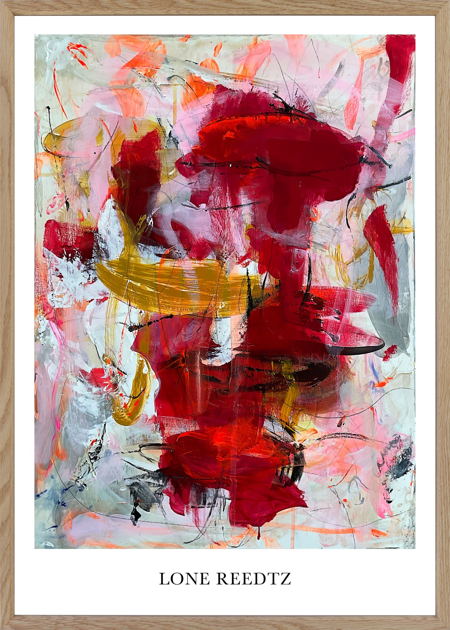 Abstrakt kunstplakat, 62x44 cm, "Laid back" - Limited Edition by Lone Reedtz , Abstrakt ekspressiv kunstplakat Massiv egetræsramme