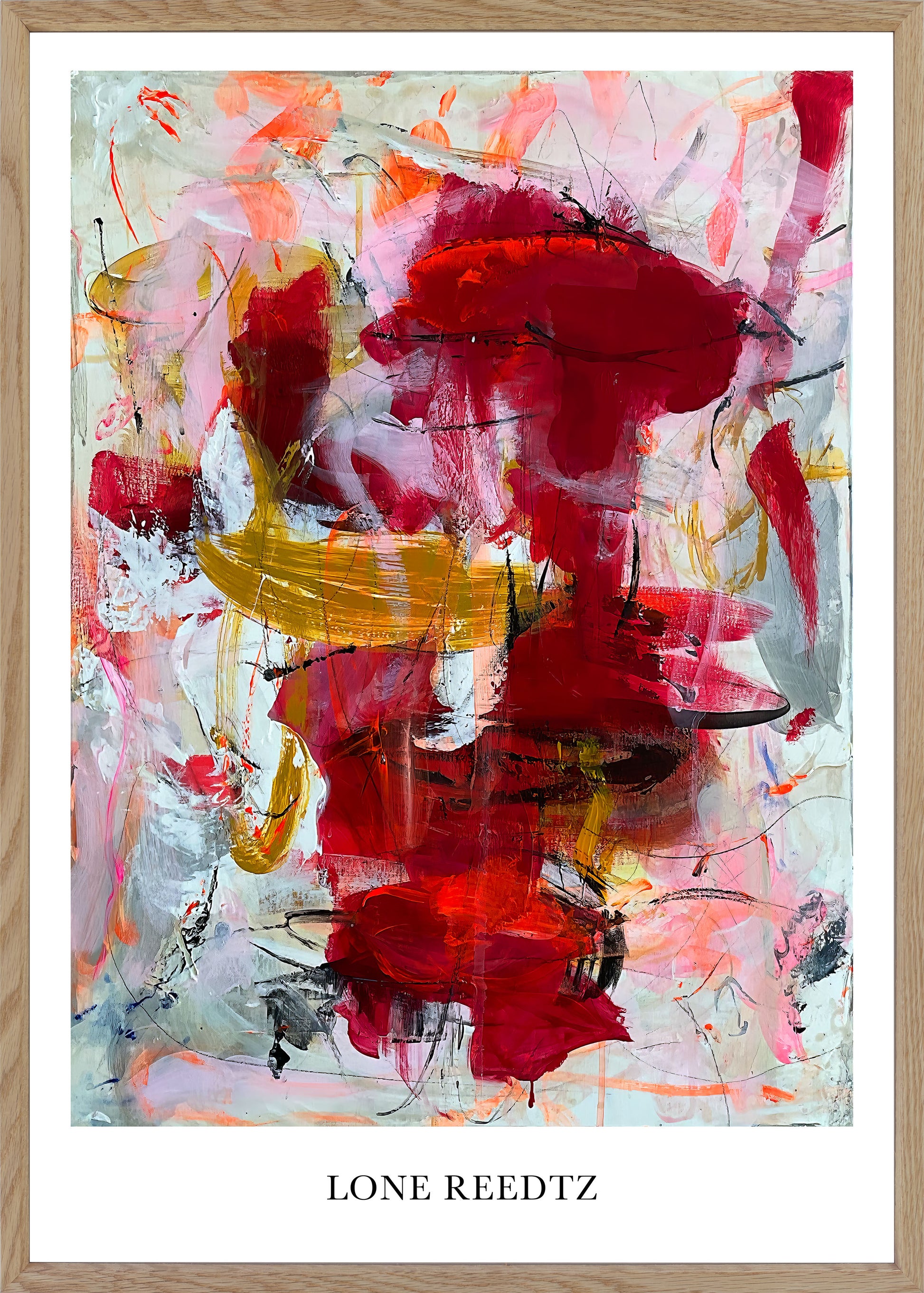 Abstrakt kunstplakat, 62x44 cm, "Laid back" - Limited Edition by Lone Reedtz , Abstrakt ekspressiv kunstplakat Massiv egetræsramme