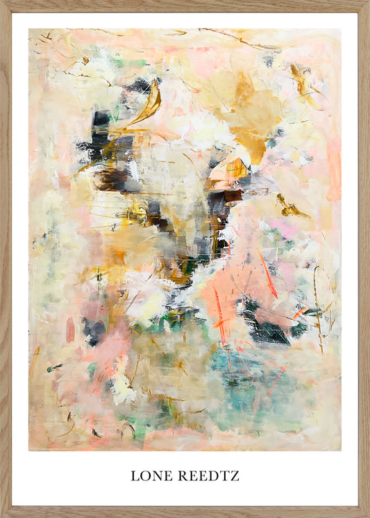 Abstrakt kunstplakat, 44x62 cm, "Happines" - Limited Edition by Lone Reedtz , Abstrakt ekspressiv kunstplakat Massiv egetræsramme