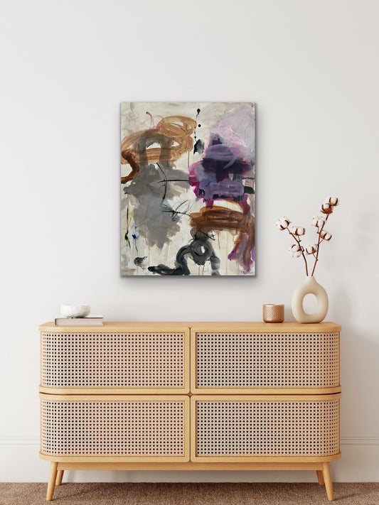 Abstrakt maleri, 90x70 cm, "Purple sky" by Lone Reedtz , Abstrakt ekspressivt akrylmaleri på lærred Black Blue Brown Childish Grey Pink Purple