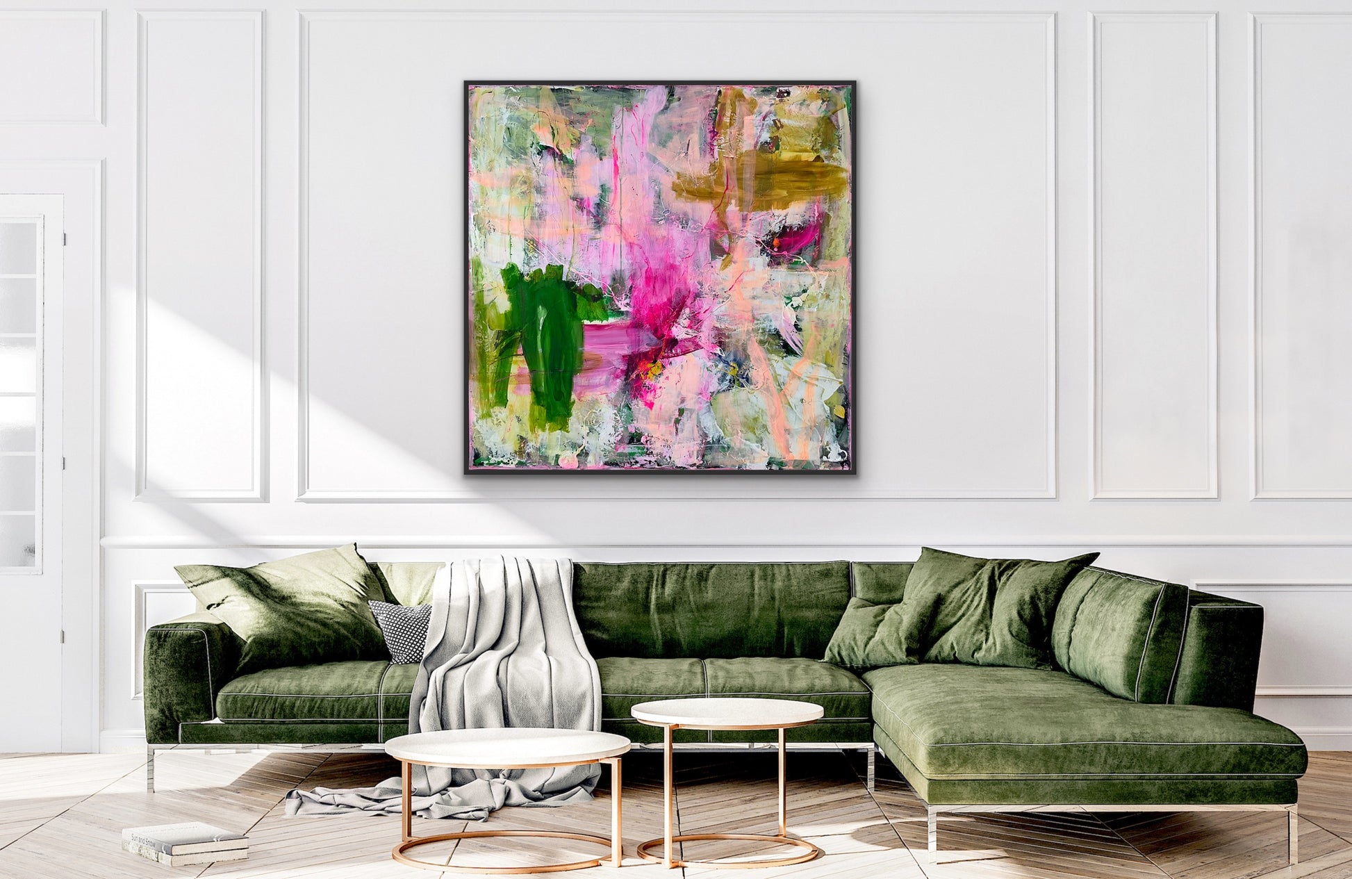 Abstrakt maleri, 120x120 cm, "DREAM VISION” by Lone Reedtz , Abstrakt ekspressivt akrylmaleri på lærred Med sort svæveramme