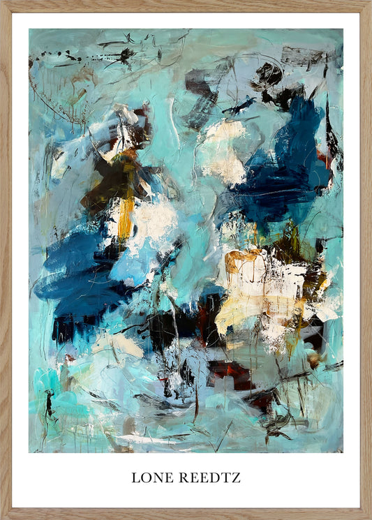 Abstrakt kunstplakat, 62x44 cm, "Different worlds" - Limited Edition by Lone Reedtz , Abstrakt ekspressiv kunstplakat Massiv egetræsramme