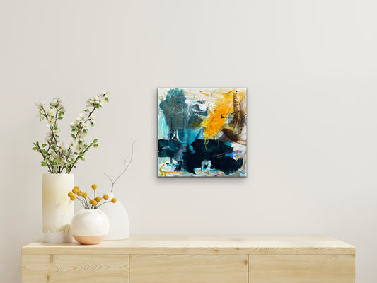 Abstrakt maleri, 40x40 cm, "Glorie" by Lone Reedtz , Abstrakt ekspressivt akrylmaleri på lærred Black Brown Golden Grey Ochre Pink Square White