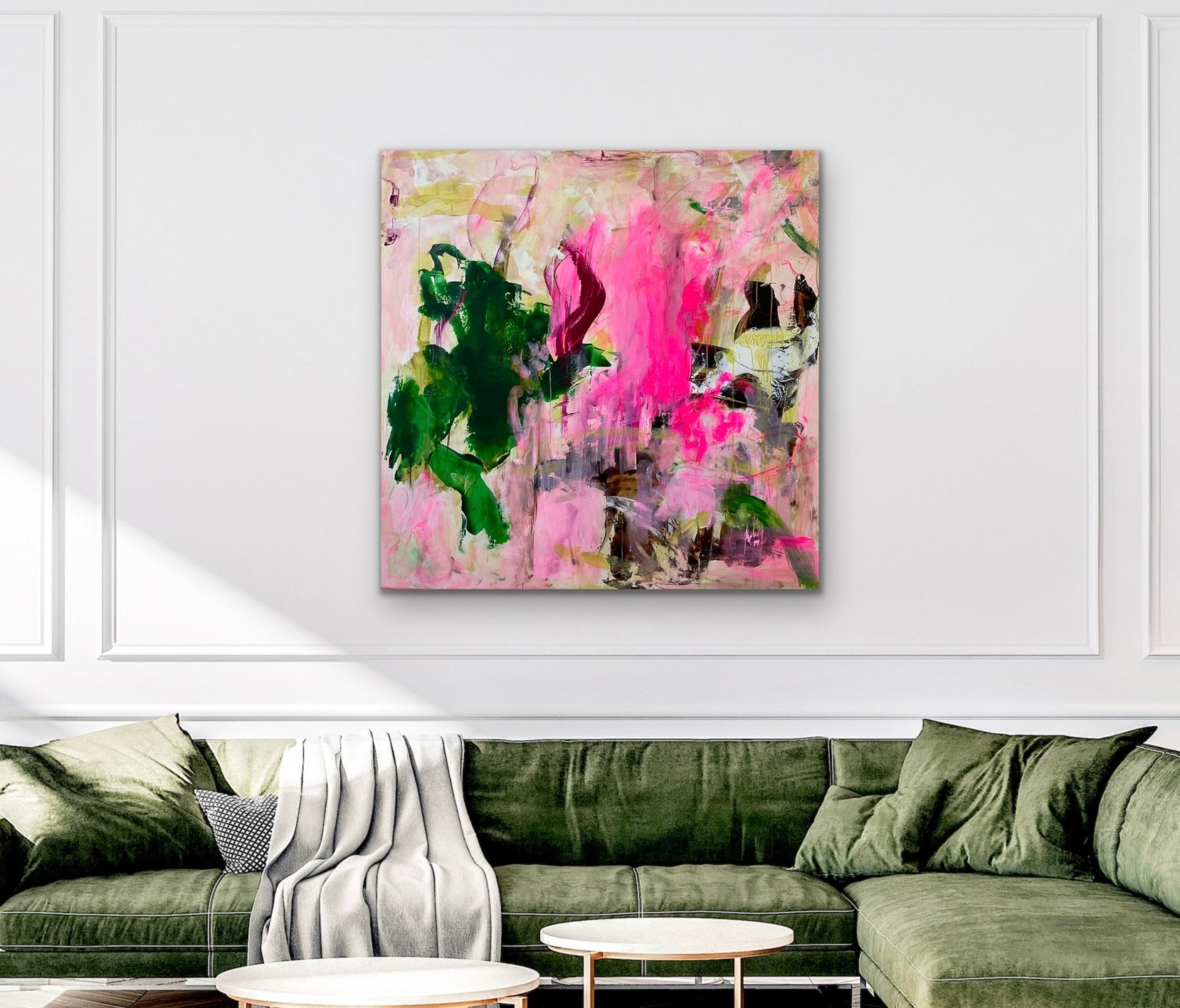 Abstrakt maleri, 120x120 cm, "FEELING ALIVE” by Lone Reedtz , Abstrakt ekspressivt akrylmaleri på lærred