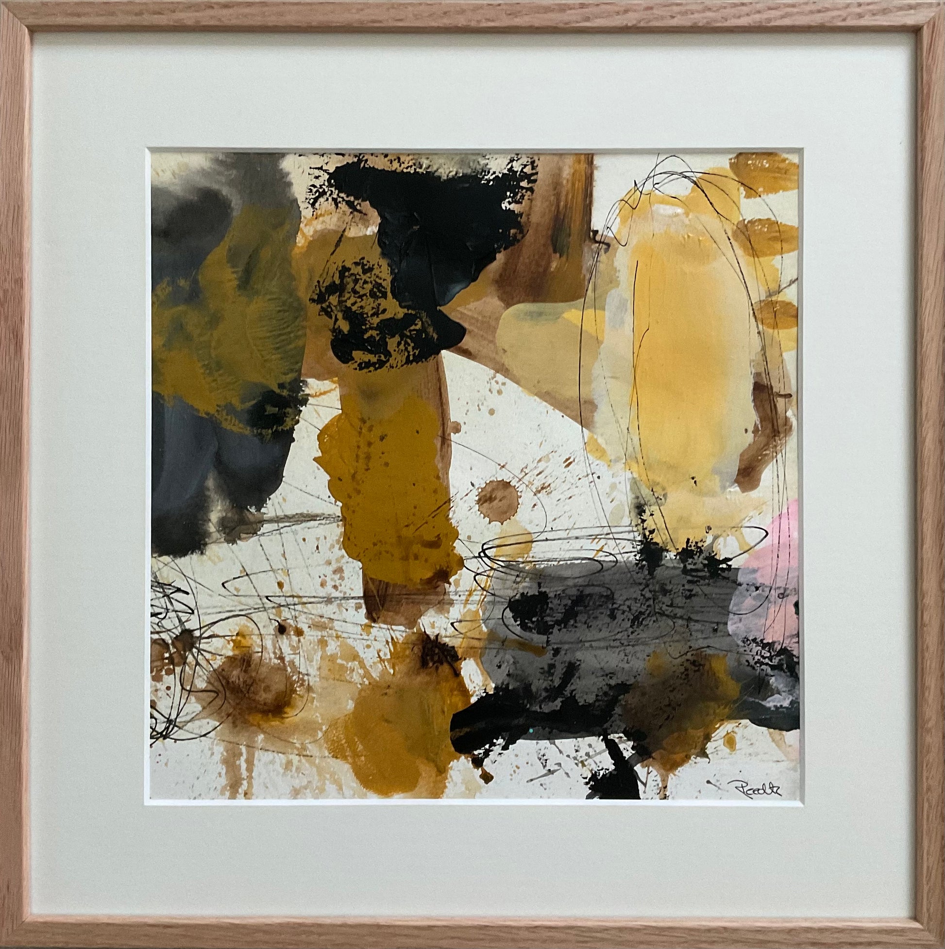 Paperwork, 40x40 cm, i massivt egetræ by Lone Reedtz , Abstrakt ekspressivt akrylmaleri på papir i passepartout