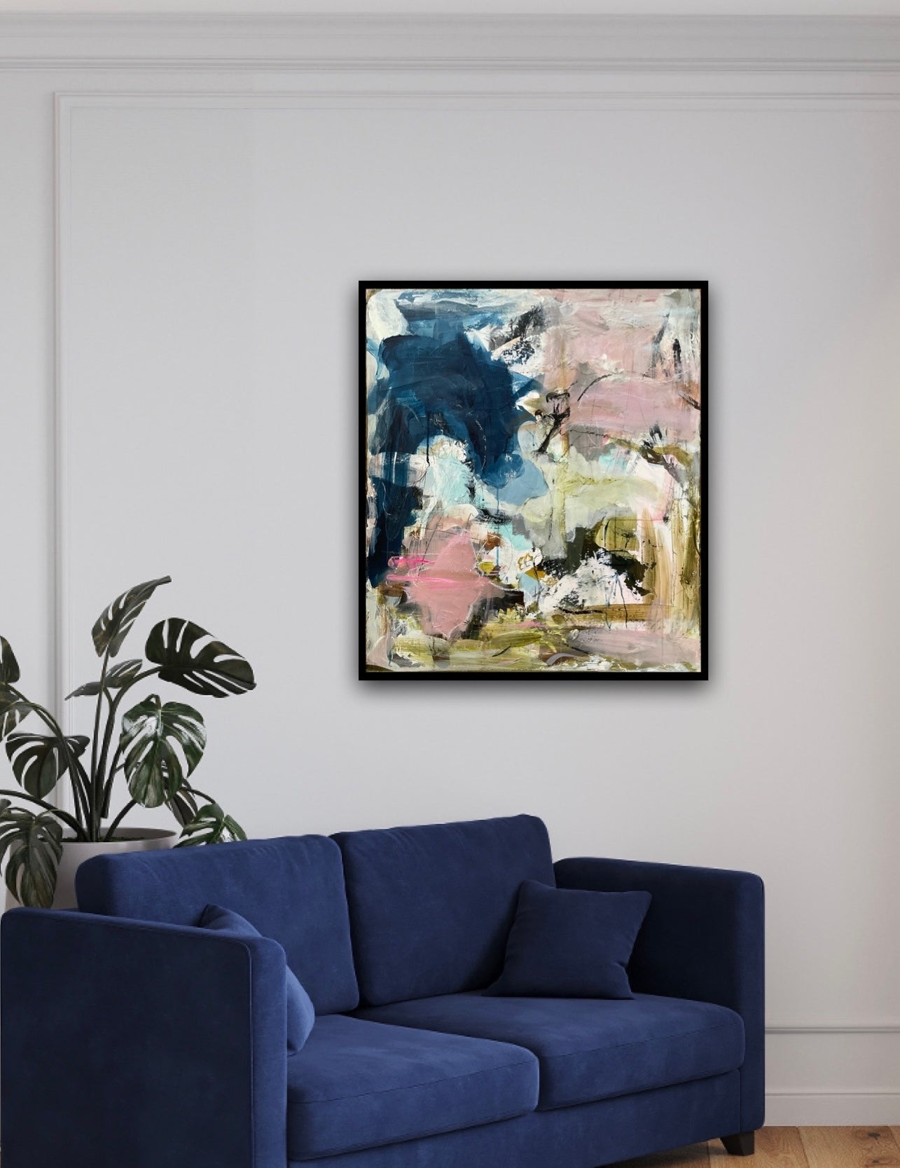 Abstrakt maleri, 80x70 cm, "Waiting for you" by Lone Reedtz , Abstrakt ekspressivt akrylmaleri på lærred Med sort svæveramme