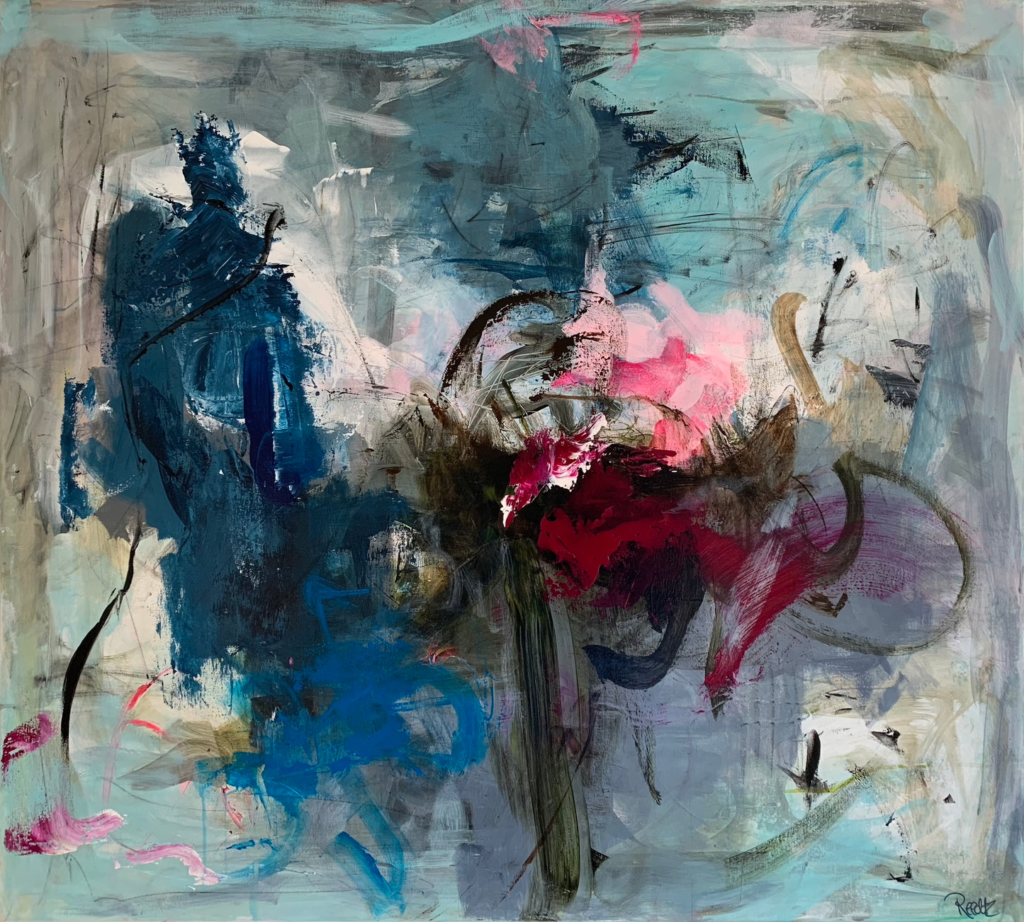 Abstrakt maleri,100x90 cm, "Finding back" by Lone Reedtz , Abstrakt ekspressivt akrylmaleri på lærred Uden ramme