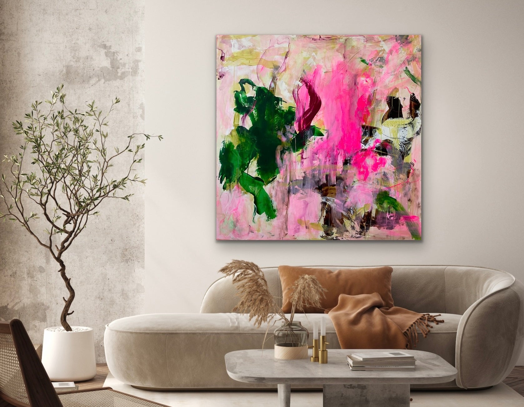 Abstrakt maleri, 120x120 cm, "FEELING ALIVE” by Lone Reedtz , Abstrakt ekspressivt akrylmaleri på lærred