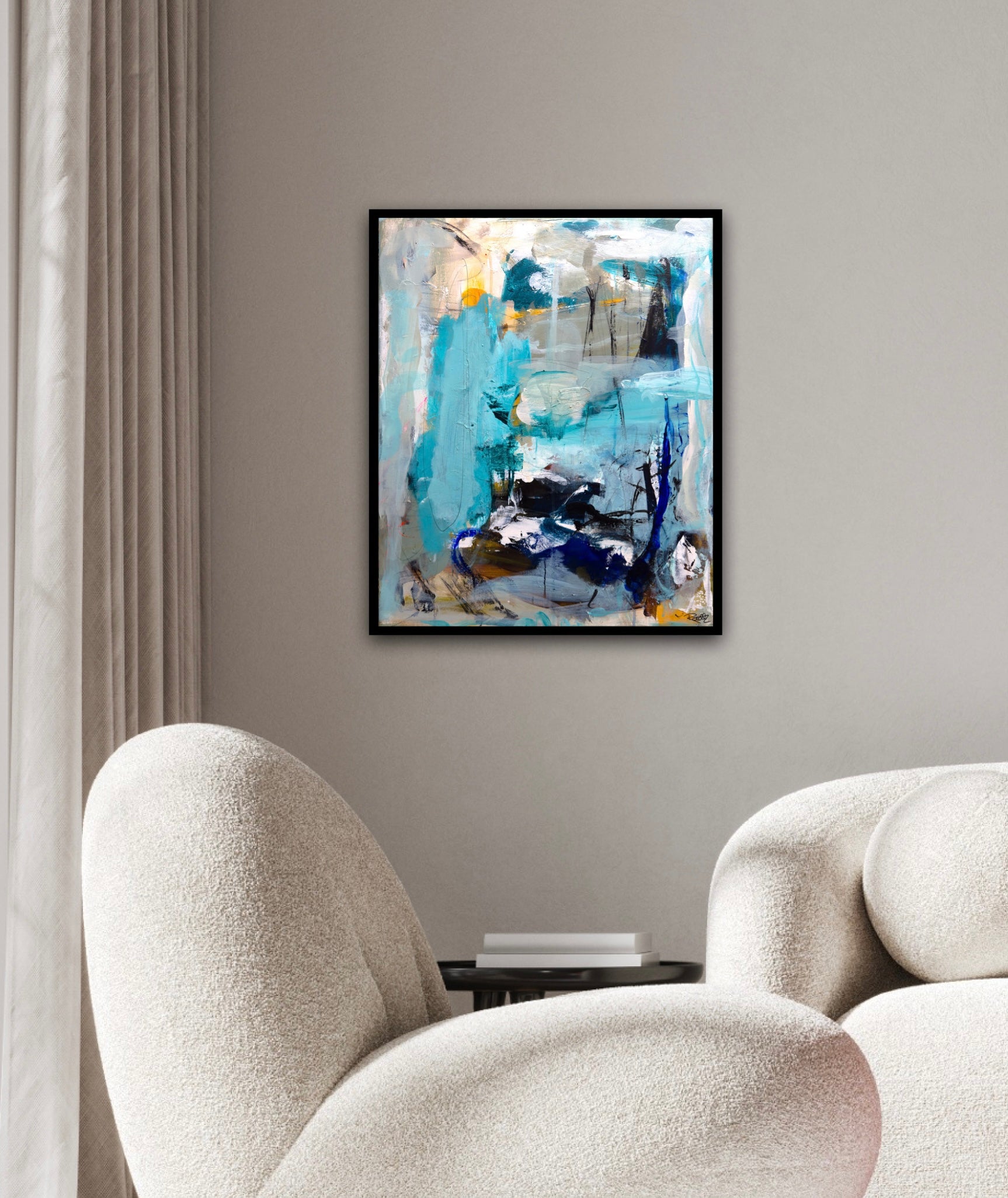 Abstrakt maleri, 50x60cm, "In your eyes” by Lone Reedtz , Abstrakt ekspressivt akrylmaleri på lærred Med sort svæveramme Black Blue Brown Grey Ochre Orange White