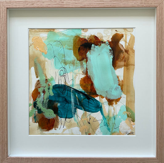 Paperwork, 40x40 cm, i boksramme af massivt egetræ by Lone Reedtz , Abstrakt ekspressivt akrylmaleri på papir i passepartout
